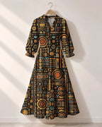 "Afrocentric Pattern" Long Puff Sleeve Dress