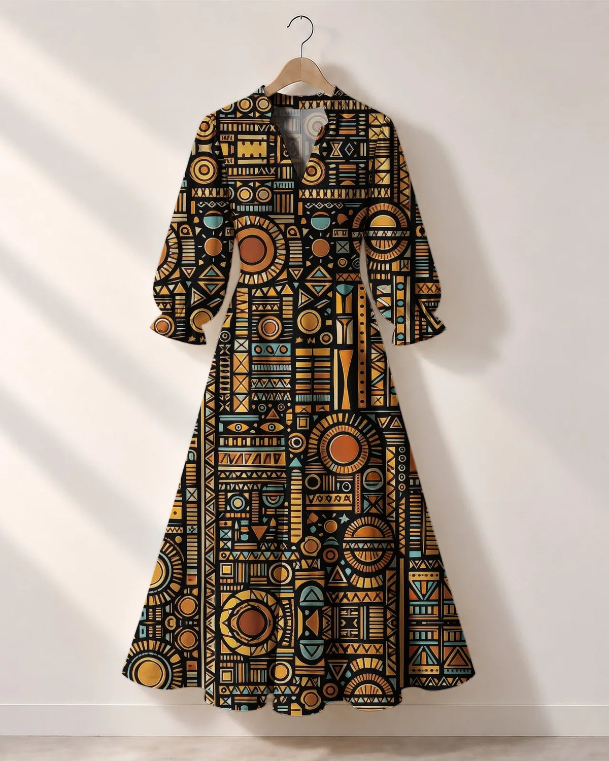 "Afrocentric Pattern" Long Puff Sleeve Dress