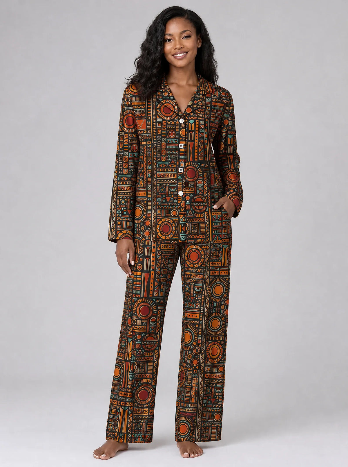 "Afrocentric Pattern" Satin Pajama Set — front view on model