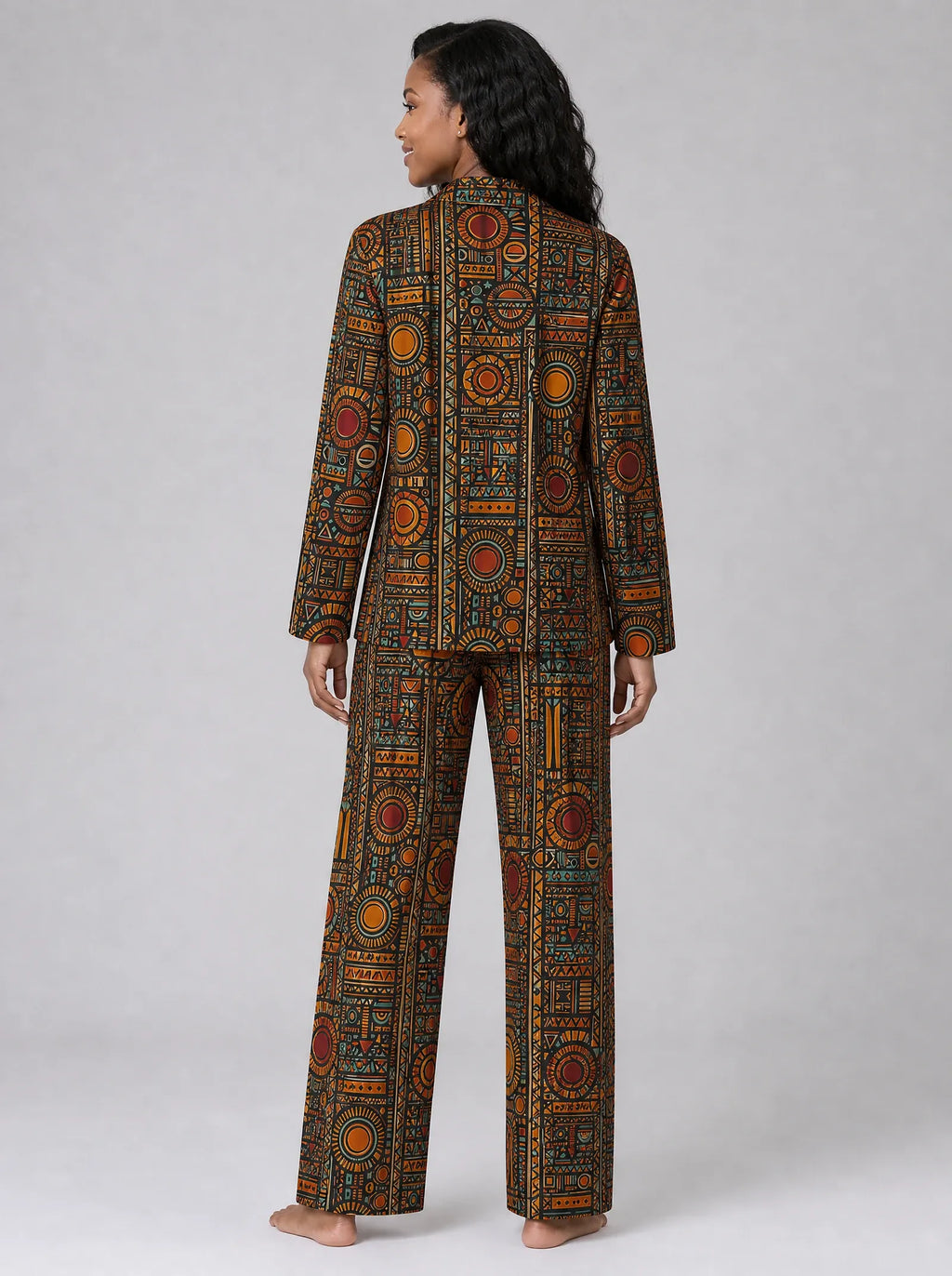 "Afrocentric Pattern" Satin Pajama Set — back view on model