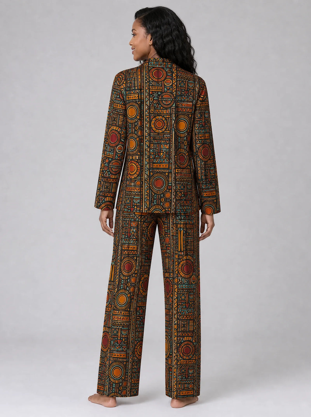 "Afrocentric Pattern" Satin Pajama Set — back view on model