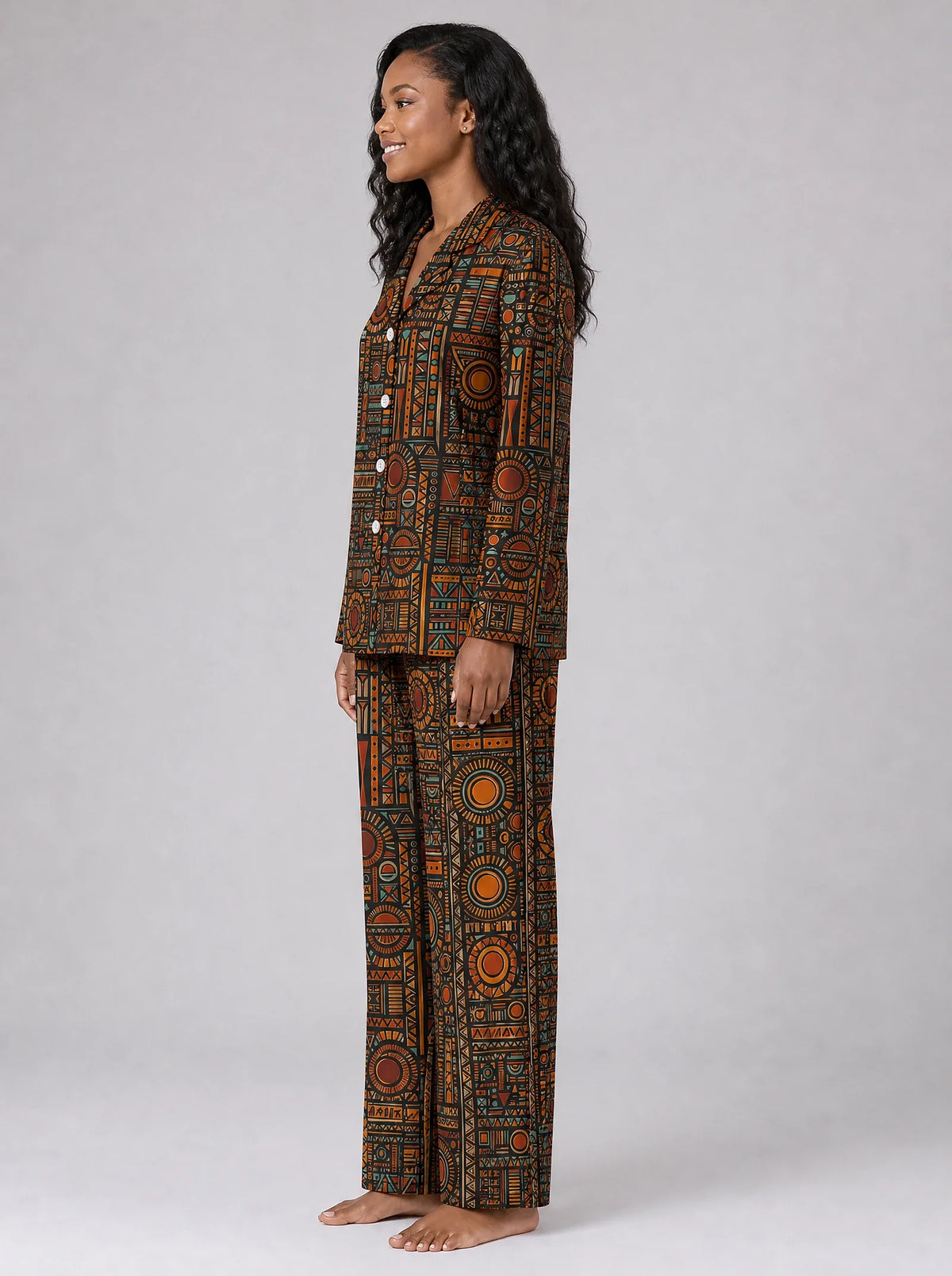 "Afrocentric Pattern" Satin Pajama Set — side view on model