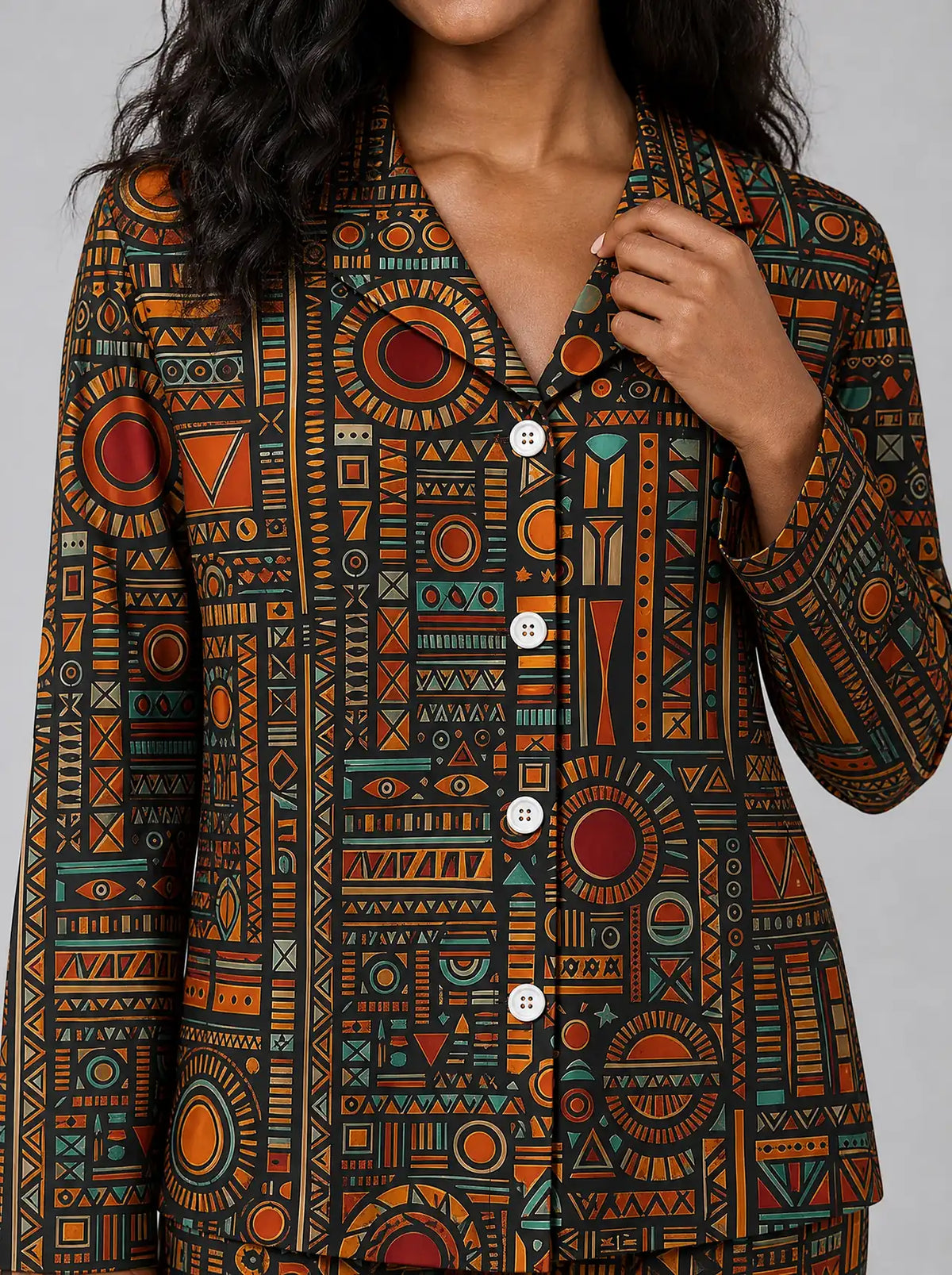 "Afrocentric Pattern" Satin Pajama Set — close-up on model