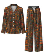 "Afrocentric Pattern" Satin Pajama Set — flat lay of the shirt and pants