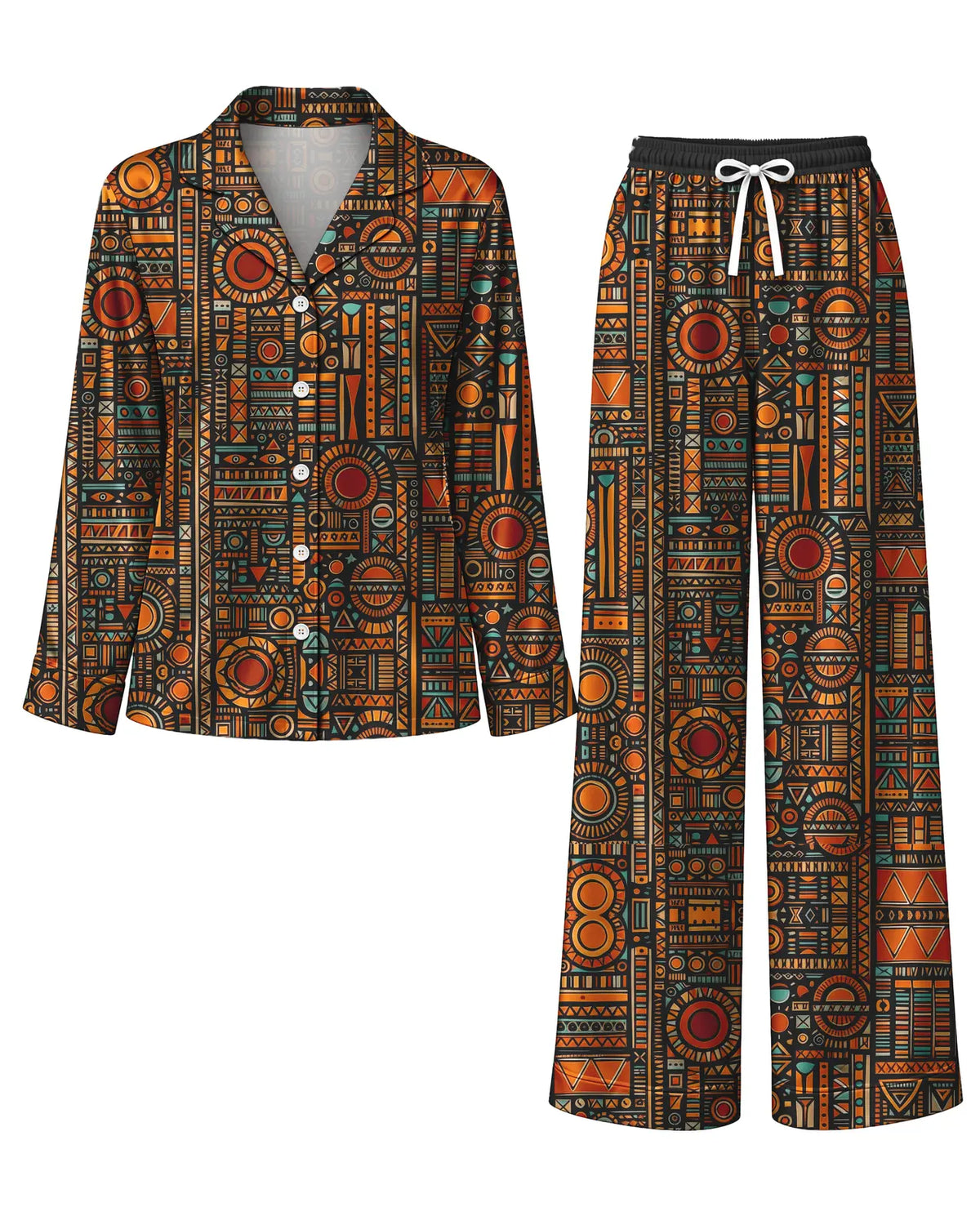 "Afrocentric Pattern" Satin Pajama Set — flat lay of the shirt and pants