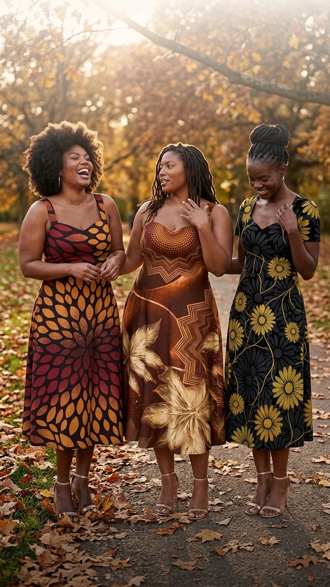 Three women in Afropenda fall print midi dresses on an autumn path