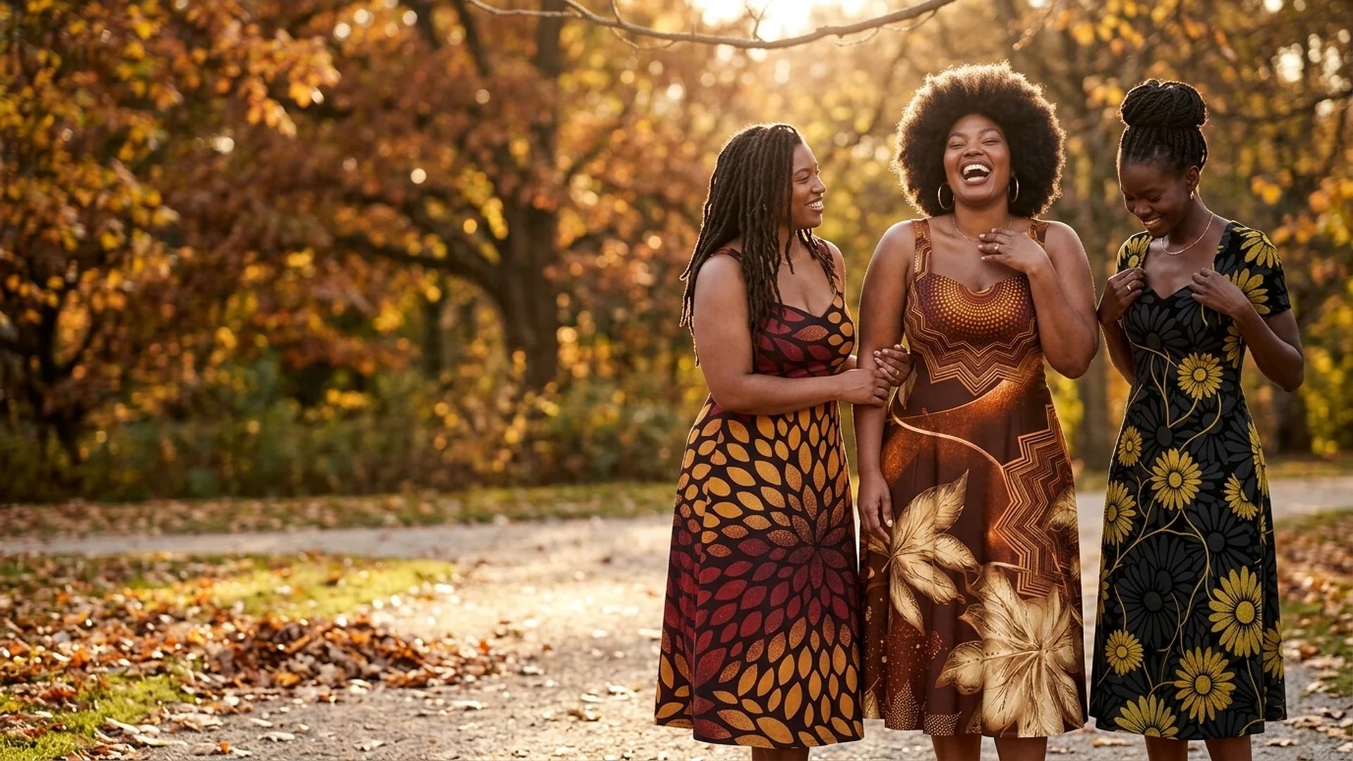 Three women laughing together on an autumn park path, wearing Afropenda fall print midi dresses