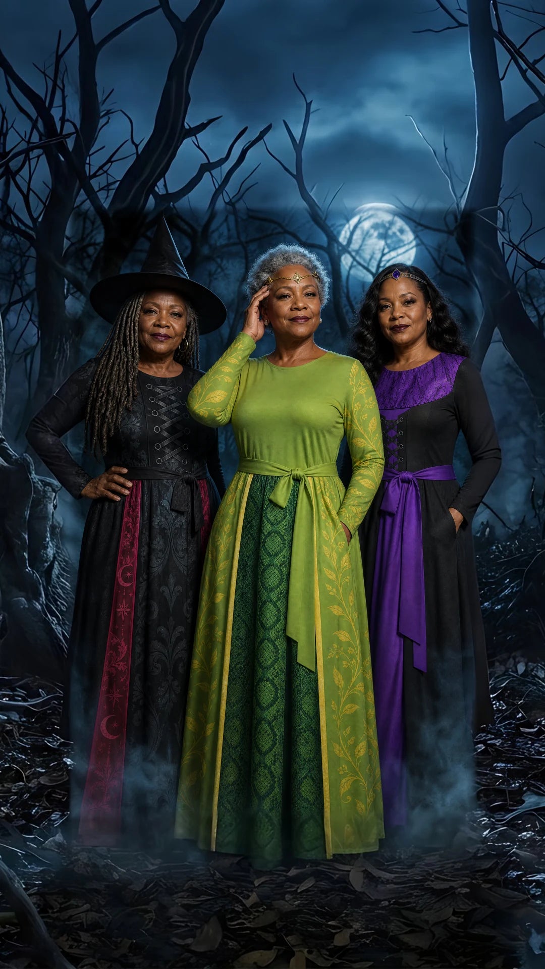Three women in Witch, Medusa and Sorceress printed costume dresses in a moonlit forest