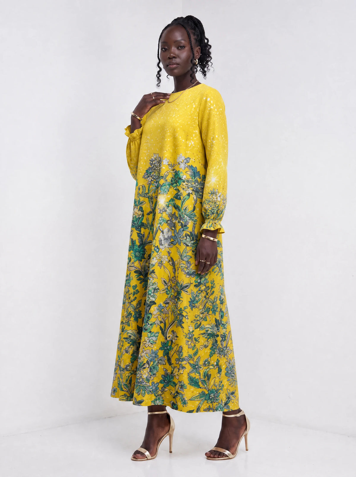 "Alfajiri" Long Sleeve Maxi Dress — three-quarter view on model