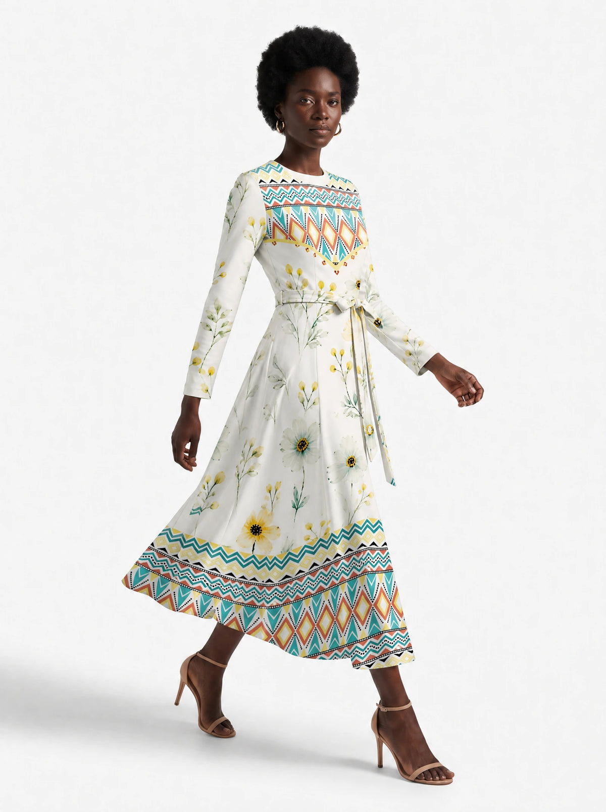 "Alizeti" Long Sleeve Midaxi Dress — three-quarter view on model, hand in the side pocket