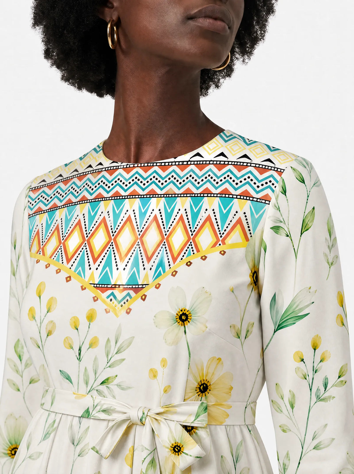 "Alizeti" Long Sleeve Midaxi Dress — close-up of the round neckline and long sleeve