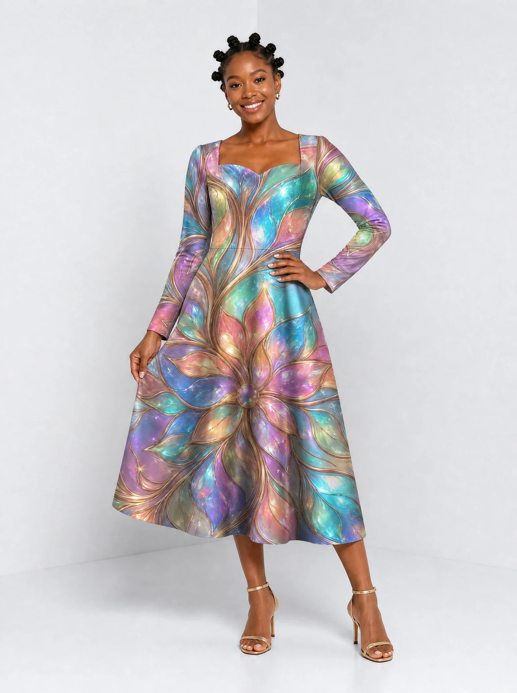"Almasi" Long Sleeve Sweetheart Midi Dress — front view on model