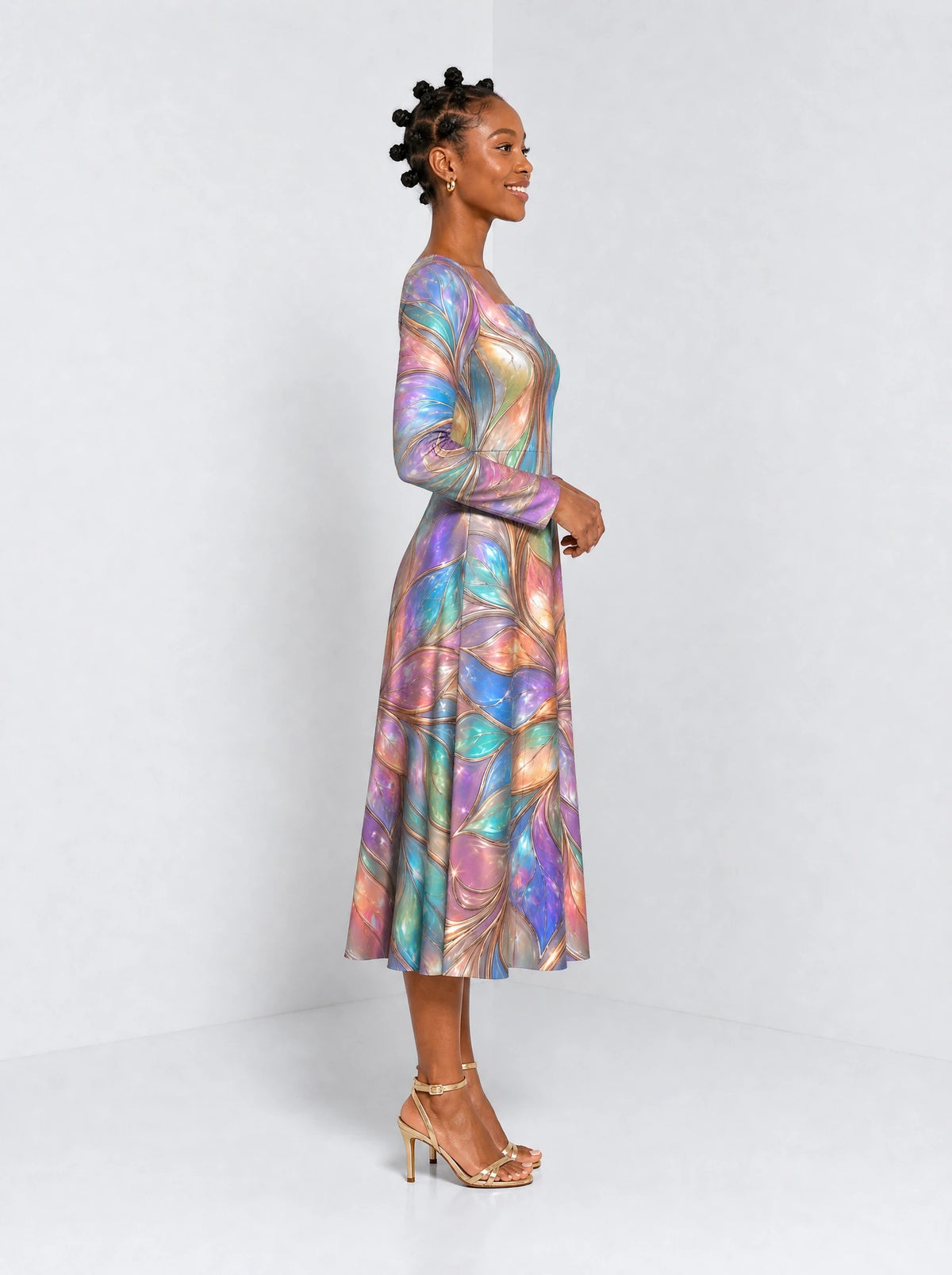 "Almasi" Long Sleeve Sweetheart Midi Dress — side view on model