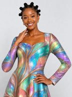 "Almasi" Long Sleeve Sweetheart Midi Dress — print close-up on model