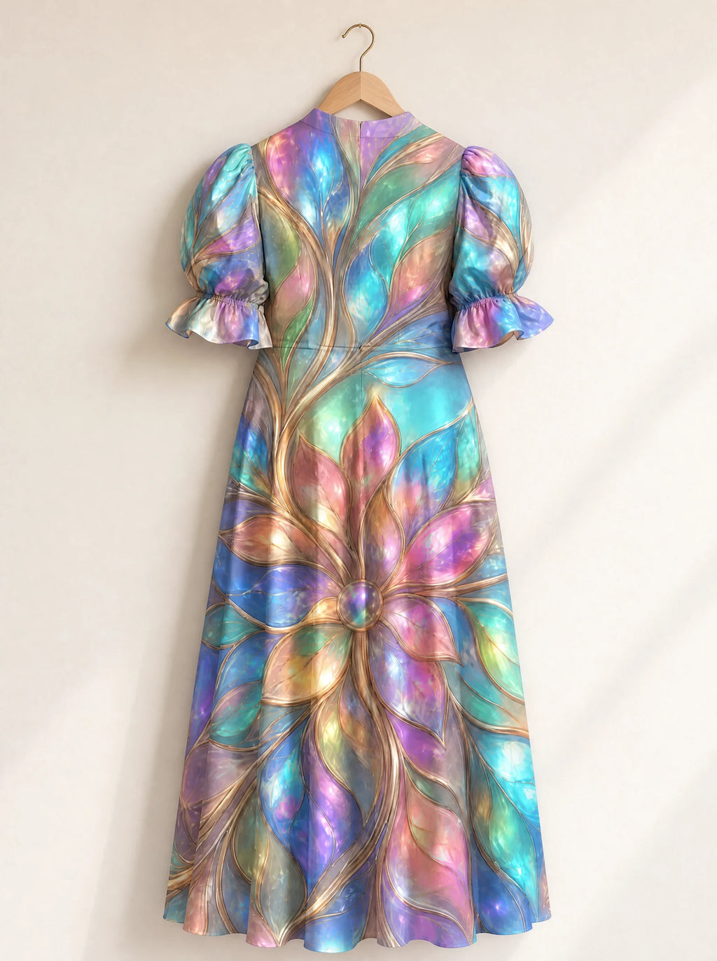 "Almasi" Puff Sleeve Dress — the dress on a hanger, back