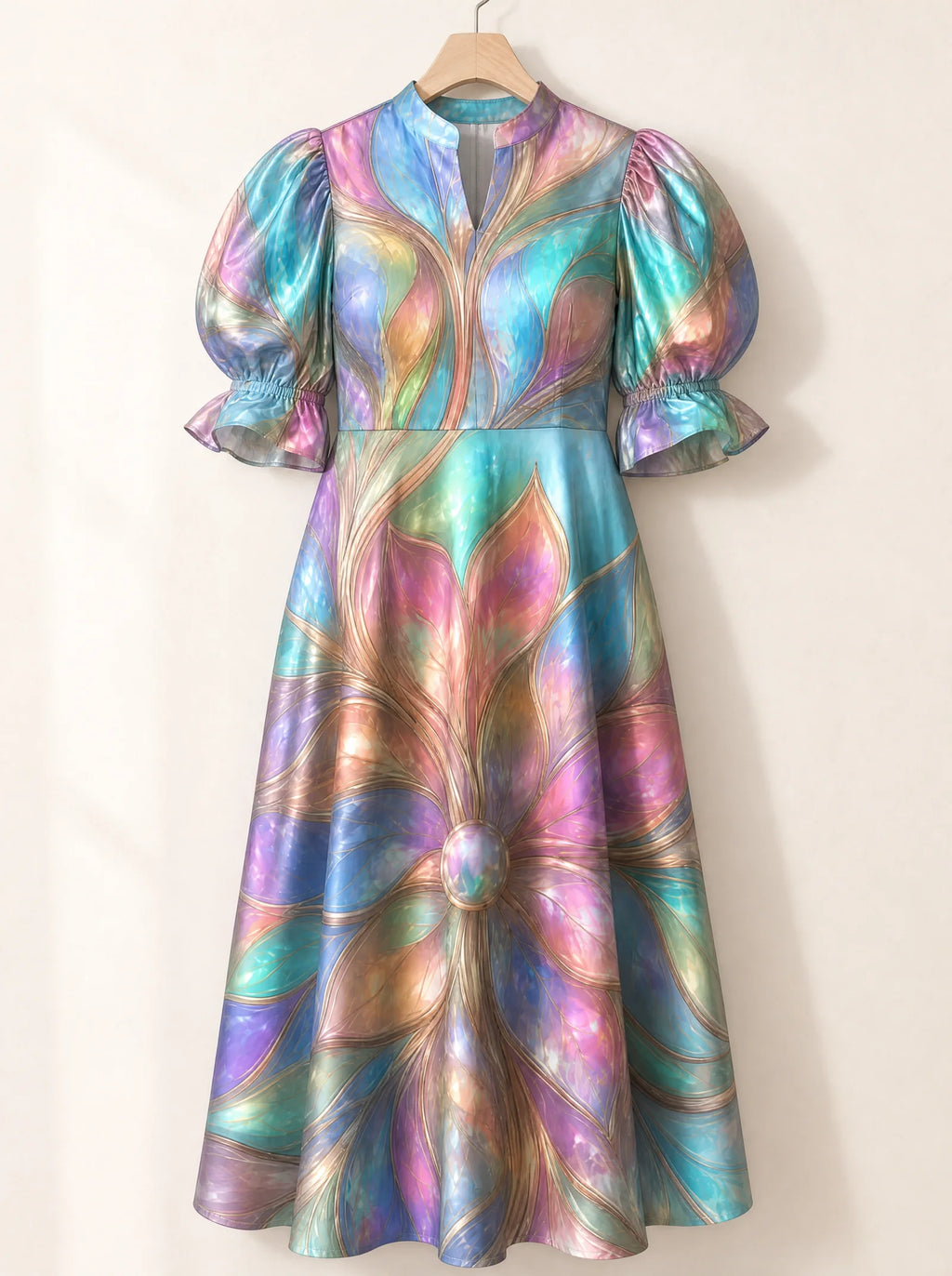 "Almasi" Puff Sleeve Dress — the dress on a hanger, front