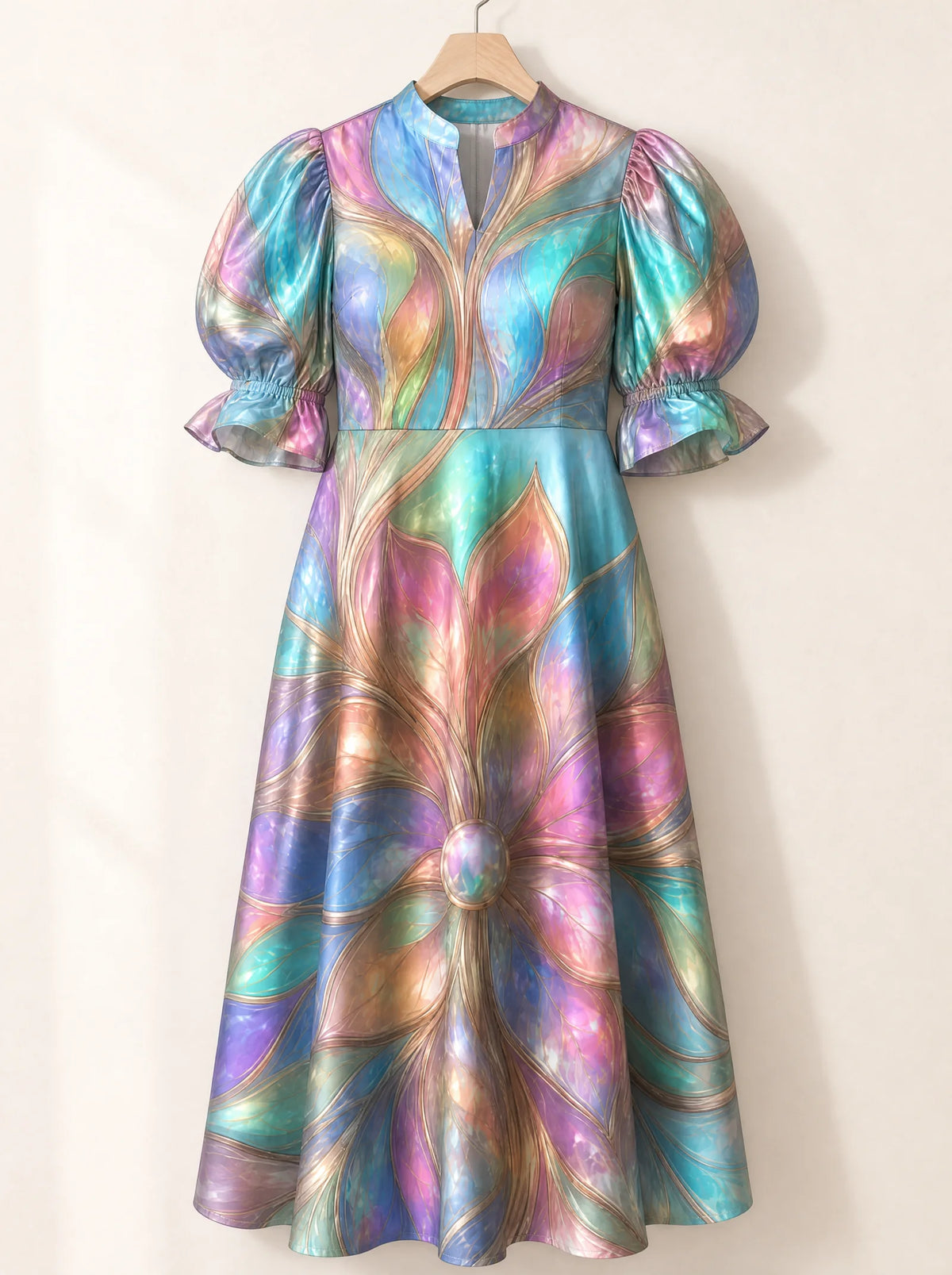 "Almasi" Puff Sleeve Dress — the dress on a hanger, front
