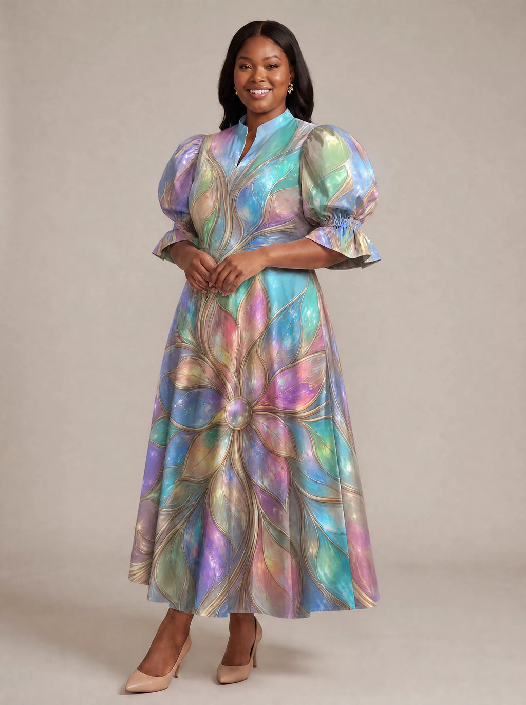 "Almasi" Puff Sleeve Dress — walking, three-quarter view on model