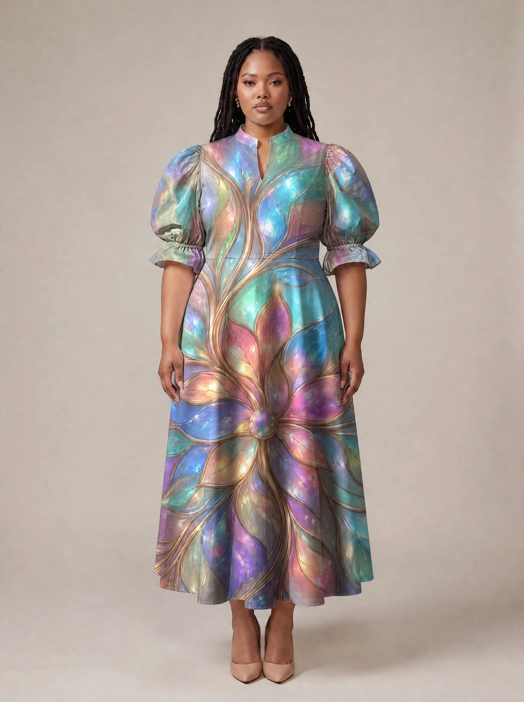 "Almasi" Puff Sleeve Dress — standing, angled view on model