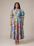 "Almasi" Puff Sleeve Dress — standing, angled view on model