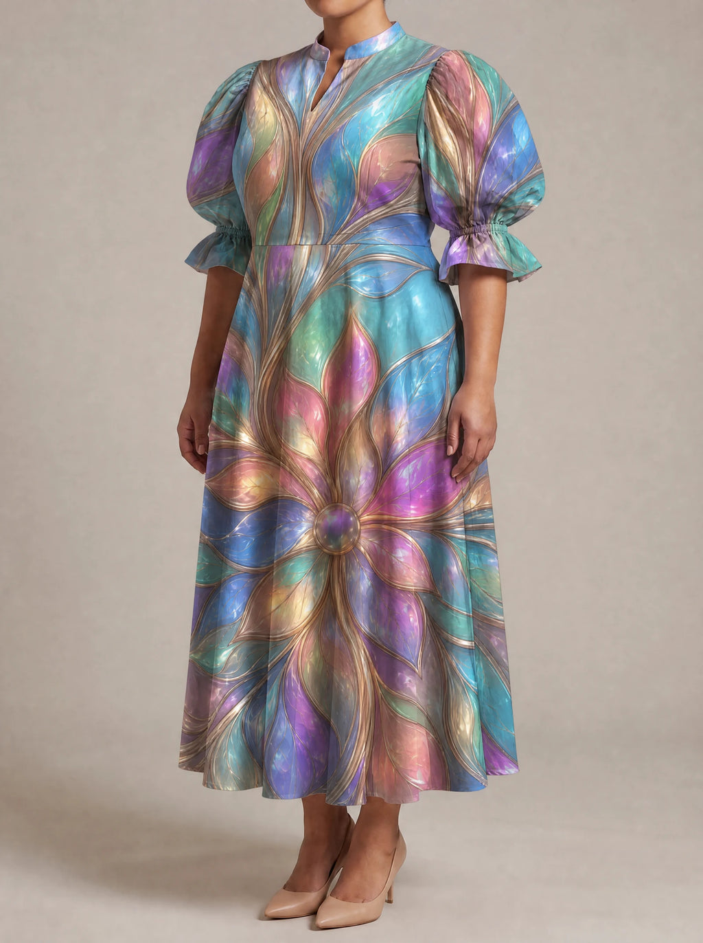 "Almasi" Puff Sleeve Dress — three-quarter view on model