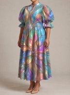 "Almasi" Puff Sleeve Dress — three-quarter view on model
