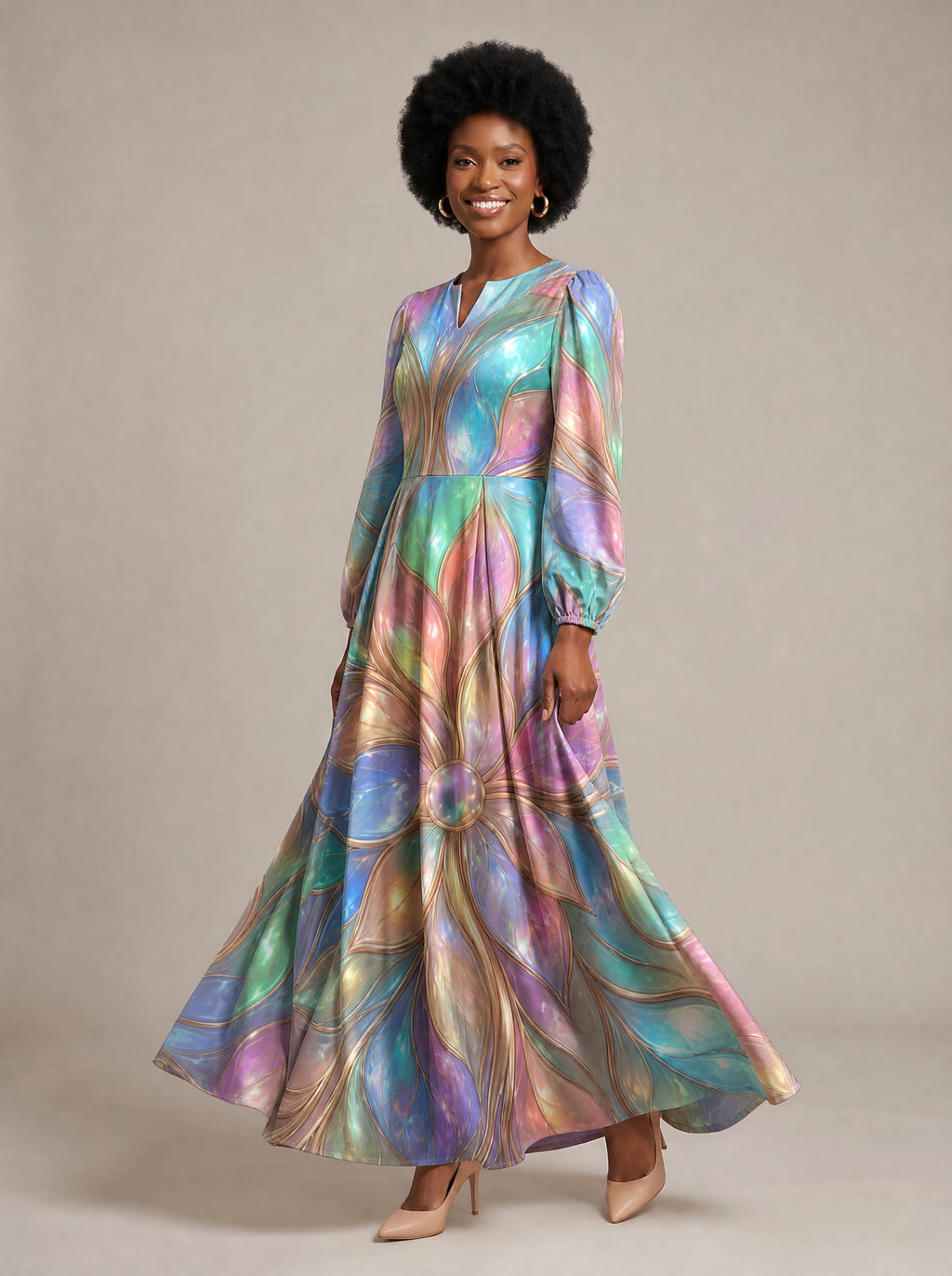 "Almasi" Puff Sleeve Maxi Dress — walking, three-quarter view on model