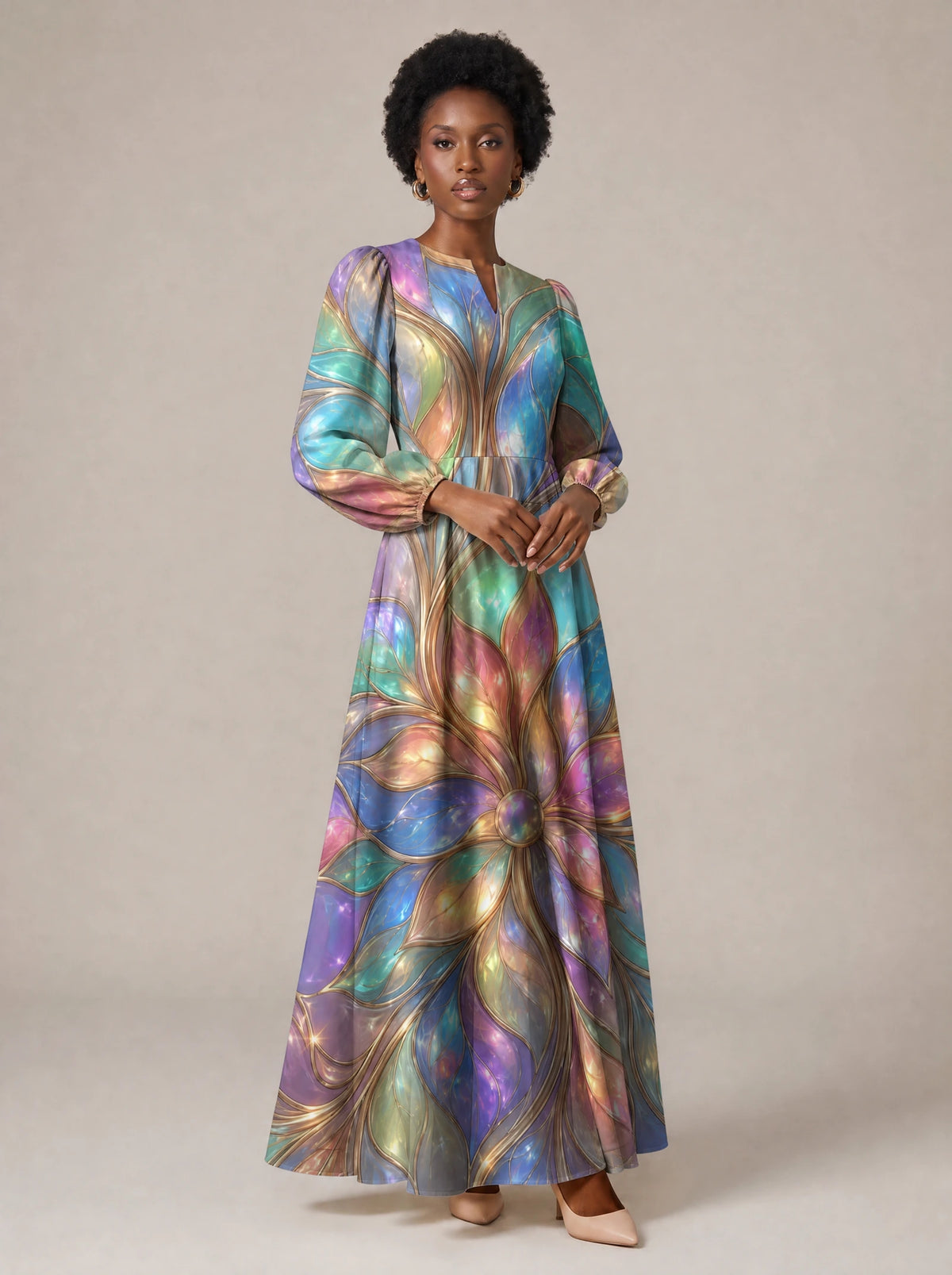 "Almasi" Puff Sleeve Maxi Dress — standing, angled view on model