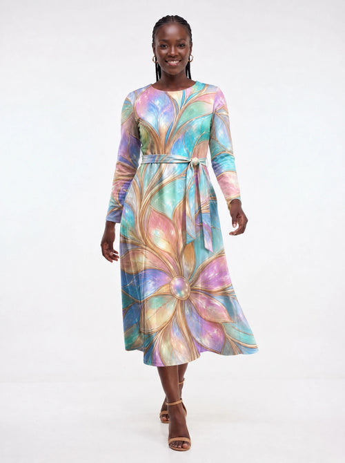 "Almasi" Long Sleeve Midaxi Dress — front view on model