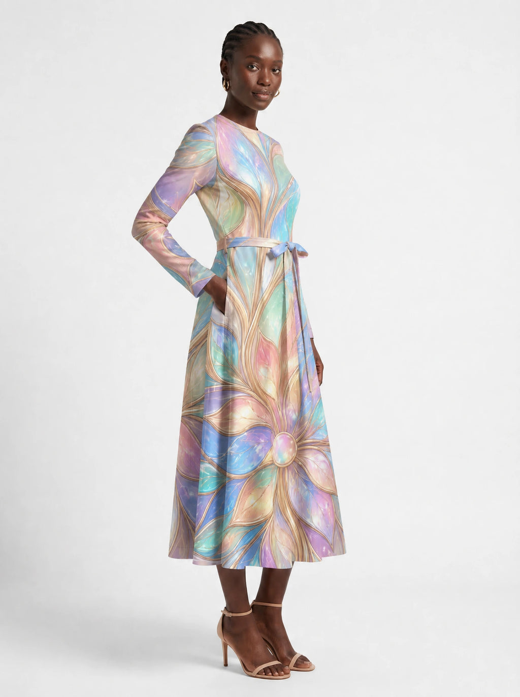 "Almasi" Long Sleeve Midaxi Dress — three-quarter view on model, hand in the side pocket