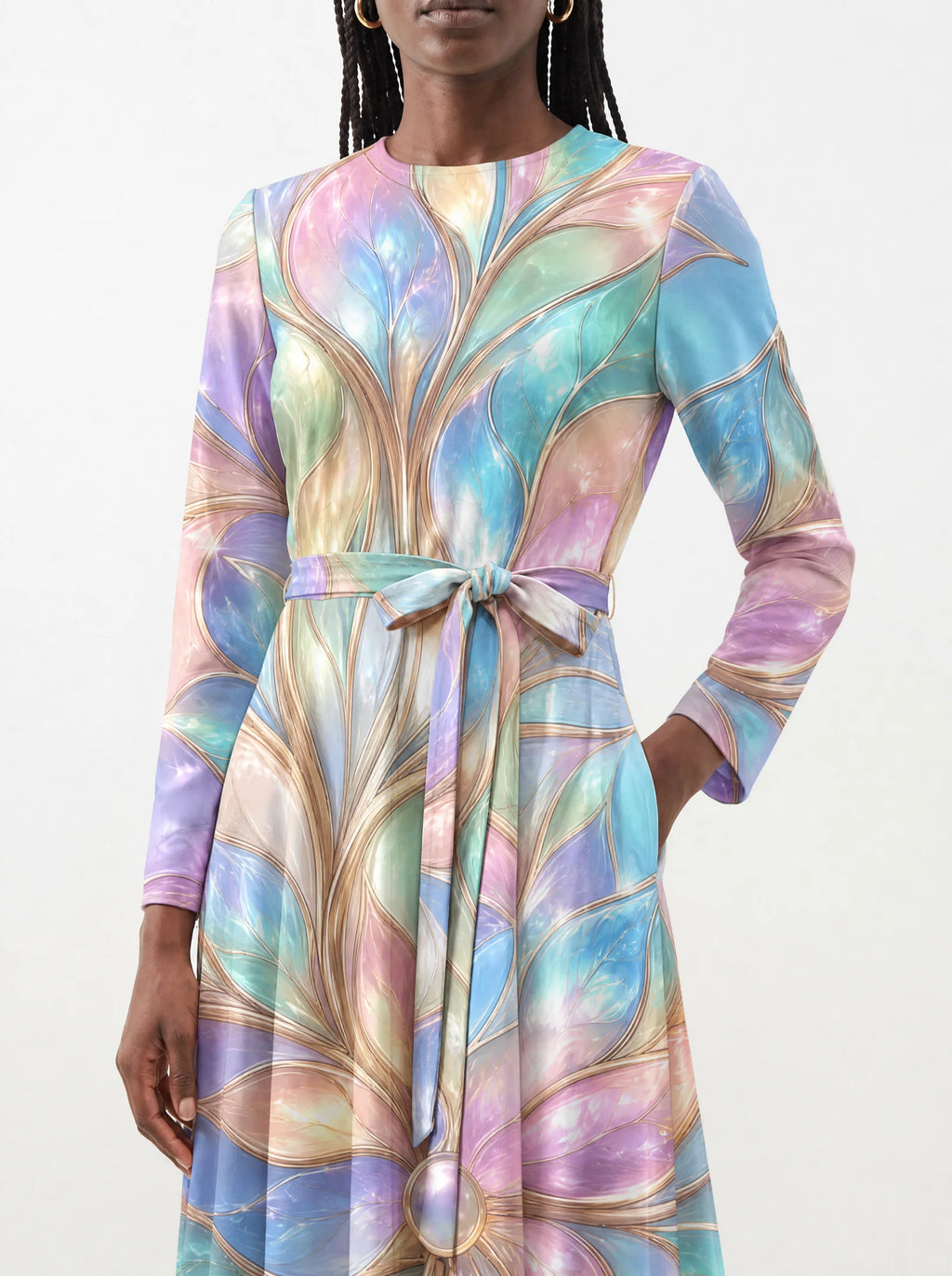 "Almasi" Long Sleeve Midaxi Dress — close-up of the tie sash and the in-seam side pocket