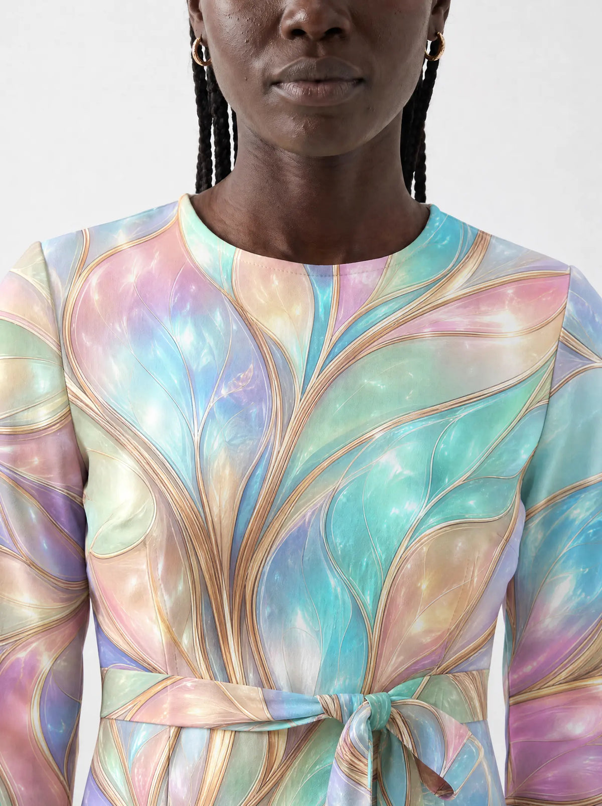 "Almasi" Long Sleeve Midaxi Dress — close-up of the round neckline and long sleeve