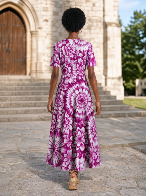 "Anasa" Short Sleeve Maxi Dress — back view on model in the churchyard