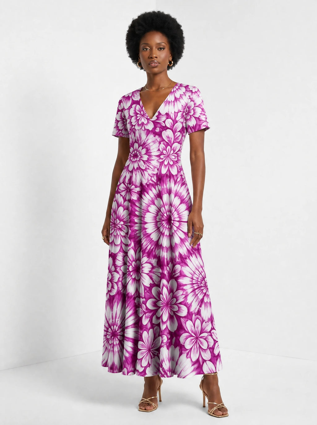 "Anasa" Short Sleeve Maxi Dress — three-quarter view on model