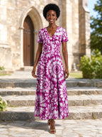 "Anasa" Short Sleeve Maxi Dress — front view on model in the churchyard