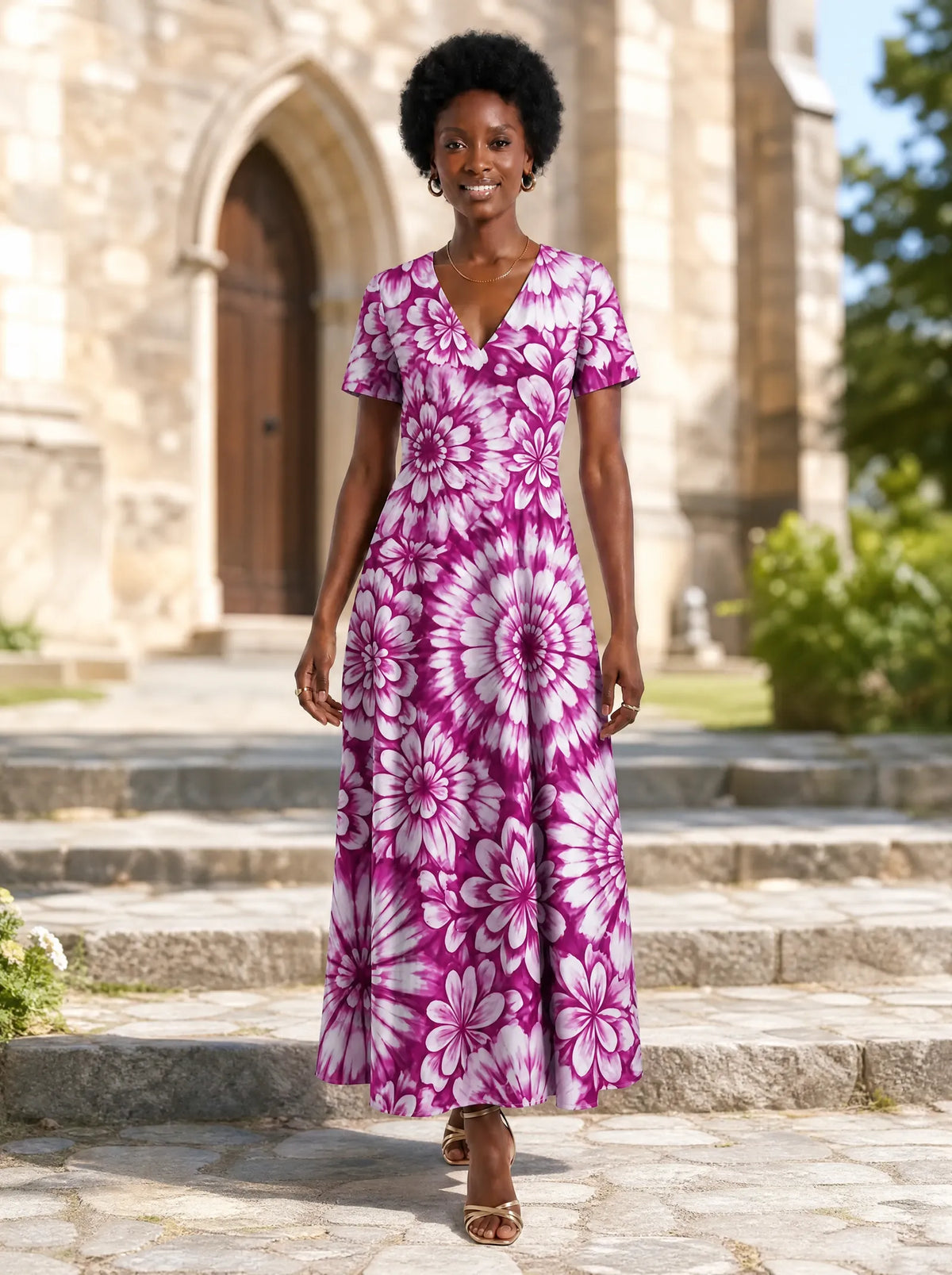 "Anasa" Short Sleeve Maxi Dress — front view on model in the churchyard
