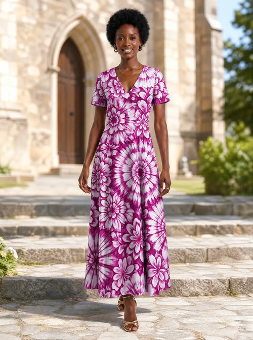 "Anasa" Short Sleeve Maxi Dress — front view on model in the churchyard