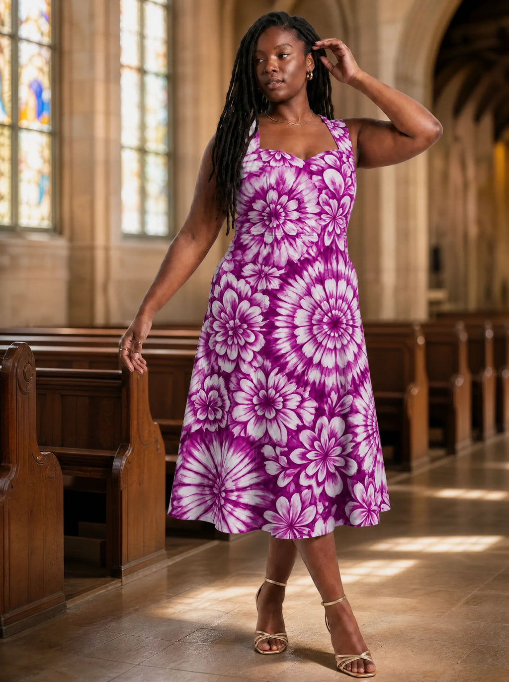 "Anasa" Sweetheart Midi Dress — on model inside a church