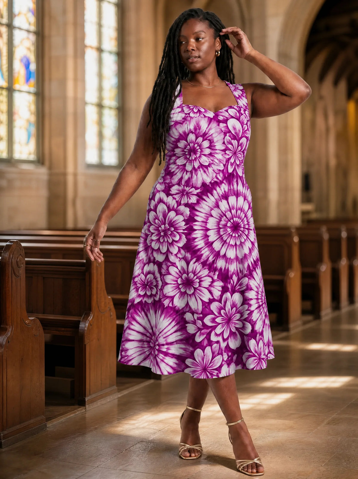 "Anasa" Sweetheart Midi Dress — on model inside a church