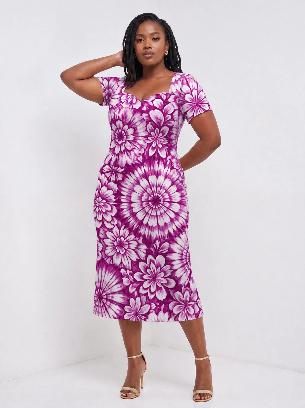 "Anasa" Sweetheart Midi Dress — walking, three-quarter view on model