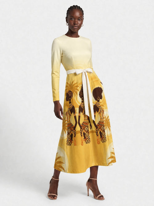 "Ancestral Flame" Long Sleeve Midaxi Dress — front view on model