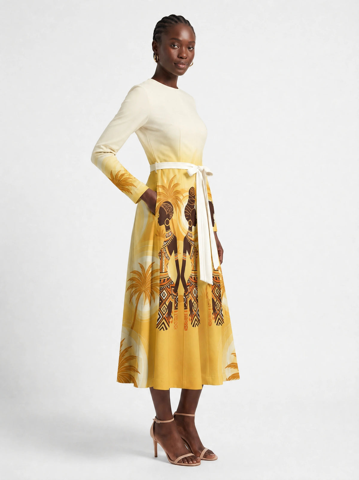"Ancestral Flame" Long Sleeve Midaxi Dress — three-quarter view on model, hand in the side pocket