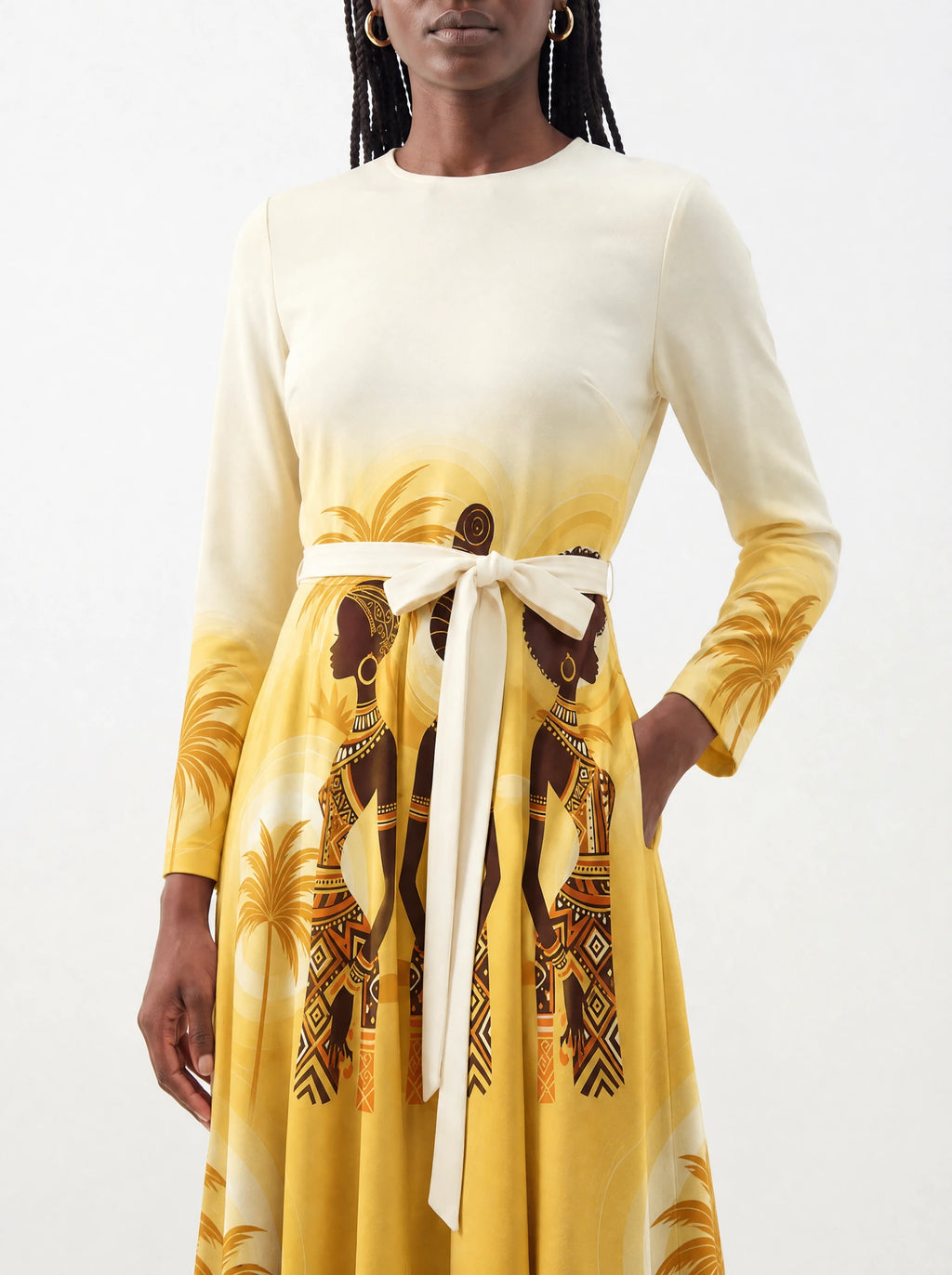 "Ancestral Flame" Long Sleeve Midaxi Dress — close-up of the tie sash and the in-seam side pocket