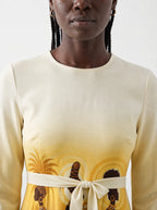 "Ancestral Flame" Long Sleeve Midaxi Dress — close-up of the round neckline and long sleeve