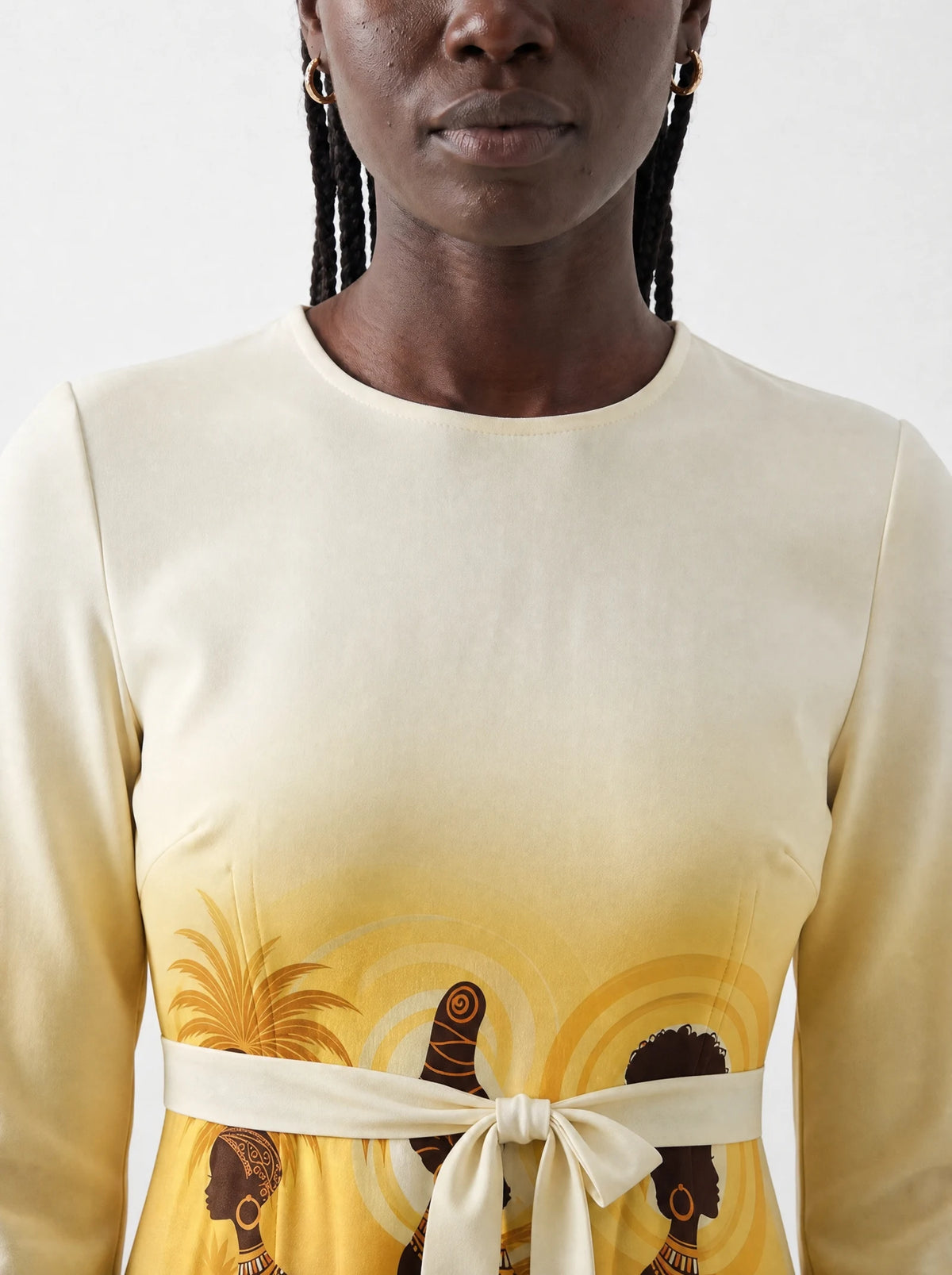 "Ancestral Flame" Long Sleeve Midaxi Dress — close-up of the round neckline and long sleeve