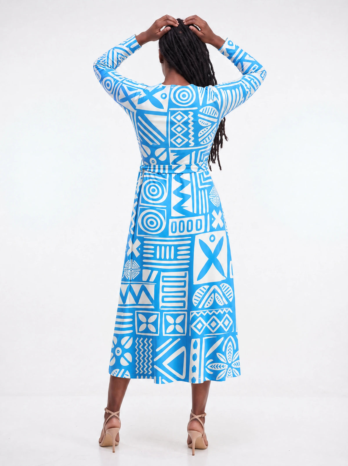 "Anga" Long Sleeve Midaxi Dress — back view on model