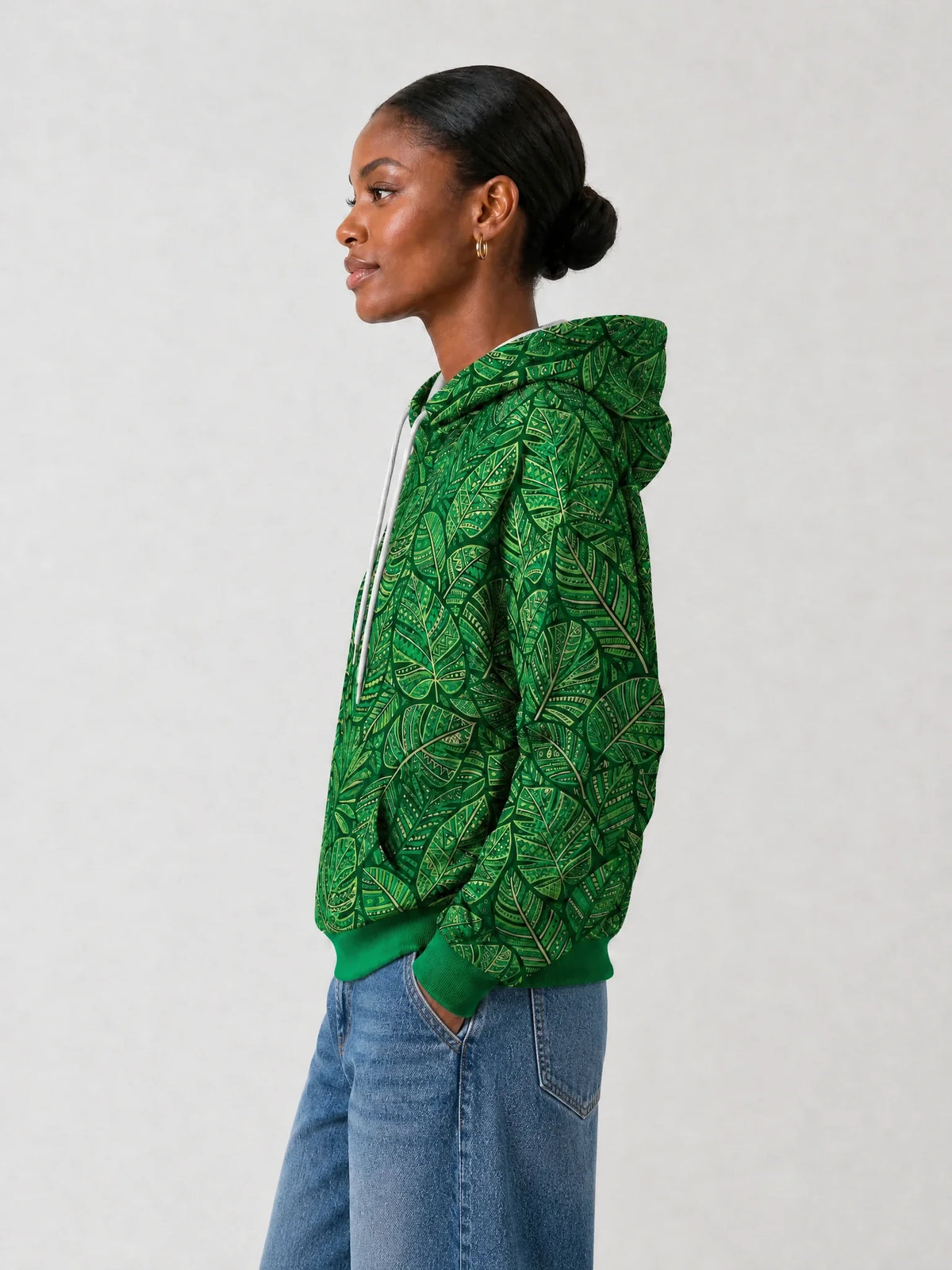"Asili" Emerald Hoodie — side view on model