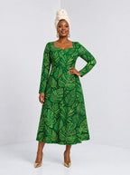 "Asili Emerald" Long Sleeve Sweetheart Midi Dress — front view on model