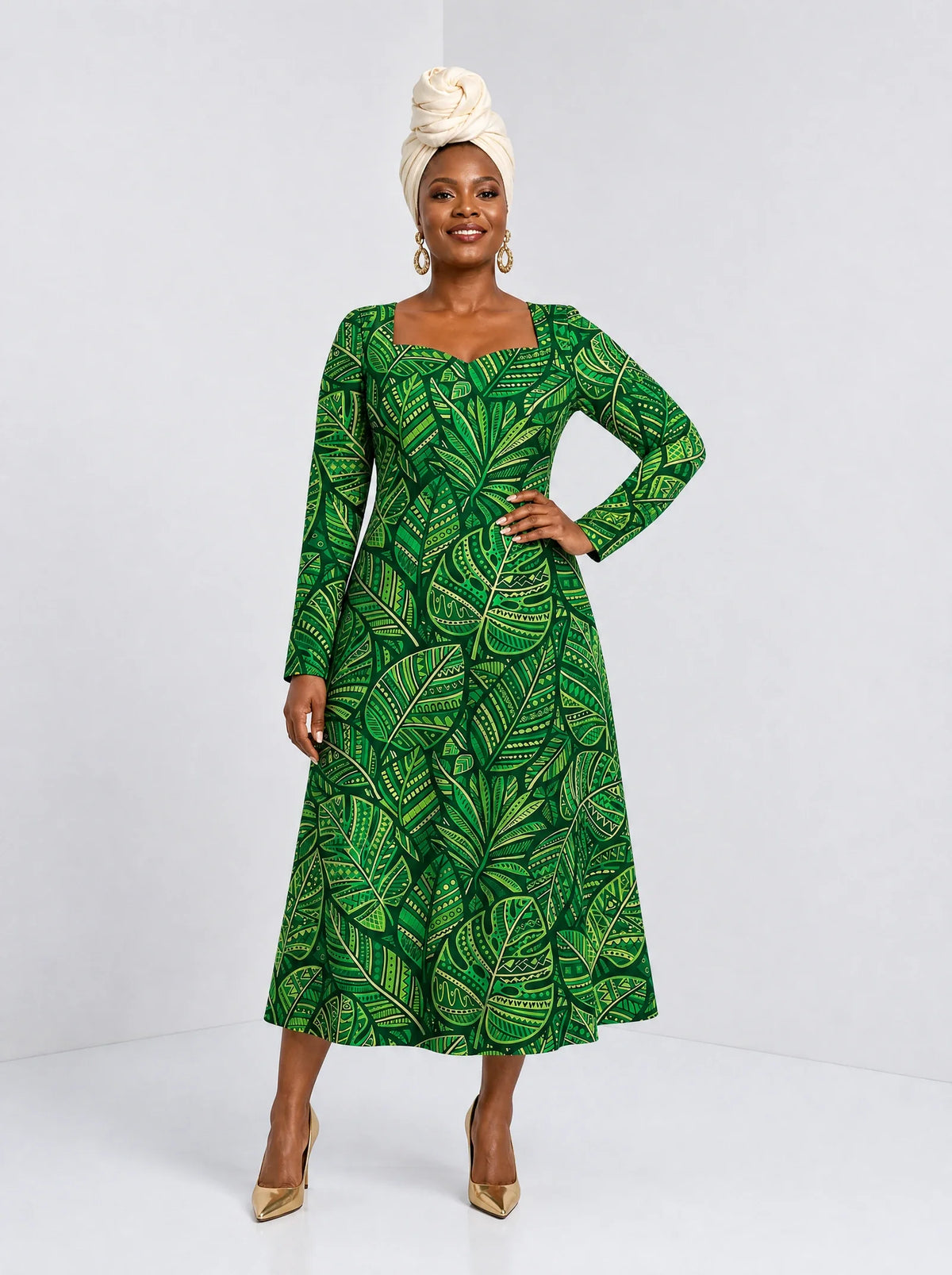 "Asili Emerald" Long Sleeve Sweetheart Midi Dress — front view on model