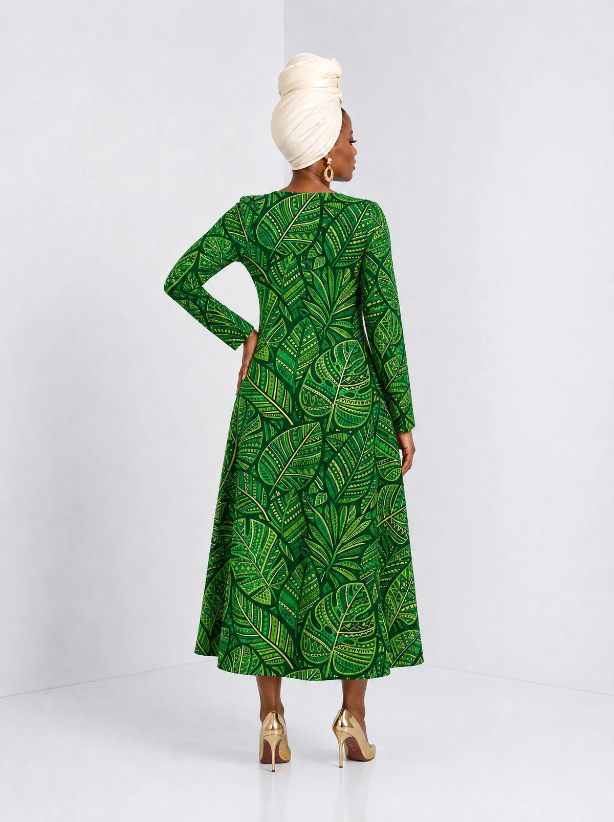 "Asili Emerald" Long Sleeve Sweetheart Midi Dress — back view on model